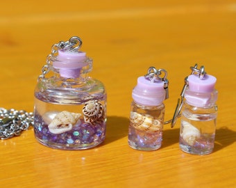 Set ketting en oorbellen oceaanfles, VEEL KLEUREN, roestvrijstalen haken en ketting, schelpen, zee, zeemeerminsieraden, leuk strandcadeau