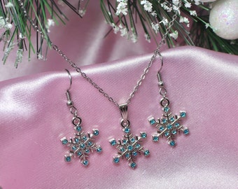Turquoise Blue Snowflake Earrings, Necklace or Jewelry Set, Stainless Steel Hooks, Crystal Rhinestones, Winter Wonderland, Christmas Gift