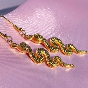 Gold Snake Earrings, Stainless Steel Hooks, Dangle Serpent, Quirky Reptile Charm, Unisex Accessory, Magical Animal, Cute Gift for Witch