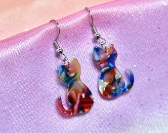 Rainbow Marble Cat Dangle Earrings, Steel Hooks, Acrylic Kitty Silhouette, Lightweight Dangles, Pet Jewelry, Gift For Cat Person