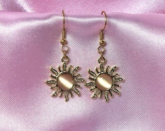Champagne Pink Golden Sun Earrings, Stainless Steel Hooks, Bohemian Jewelry Rhinestones, Gift For Mom