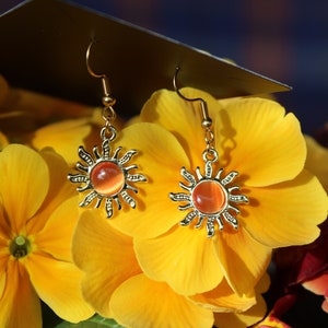 Golden Sun Earrings, Stainless Steel Hooks, Bohemian Jewelry with Orange Shiny Rhinestones, Celestial Jewelry, Cute Gift