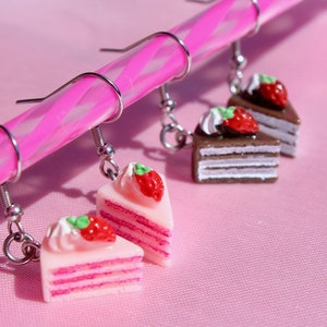 Strawberry Or Chocolate Cake Slice Earrings, Steel Hooks, Fruit Dessert, Kawaii Food Jewelry, Quirky Novelty Gift