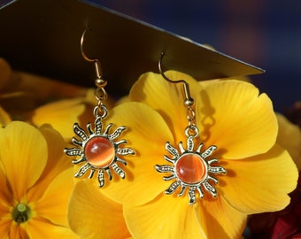 Golden Sun Earrings, Stainless Steel Hooks, Bohemian Jewelry with Orange Shiny Rhinestones, Celestial Jewelry, Cute Gift