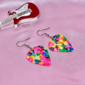 Rainbow Guitar Pick Dangle Earrings, Stainless Steel Hooks, Multicolored Plectrum, Music Jewelry, Cool Gift For Musician, Bass Player