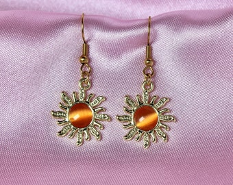 Orange Golden Sun Earrings, Stainless Steel Hooks, Bohemian Jewelry with Shiny Rhinestones, Summer Dangles, Gift For Mom