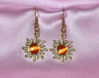Orange Golden Sun Earrings, Stainless Steel Hooks, Bohemian Jewelry with Shiny Rhinestones, Summer Dangles, Gift For Mom