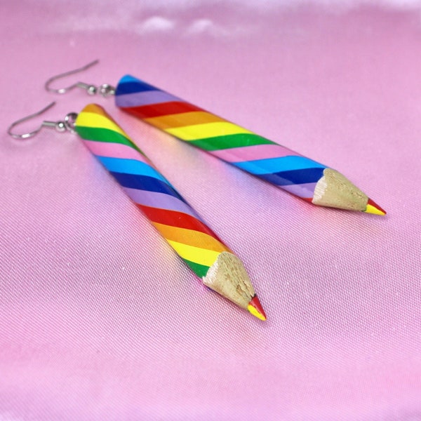 Rainbow Crayon Earrings, Steel Hooks, Real Jumbo Pencil, Multicolored Artist Jewelry, Creative Gift For Artsy Friend, Art Teacher