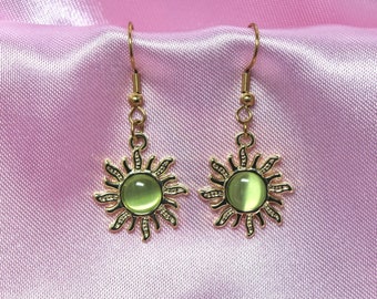 Tea Green Golden Sun Earrings, Stainless Steel Hooks, Bohemian Jewelry with Rhinestones, Gift For Mom