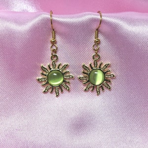 Tea Green Golden Sun Earrings, Stainless Steel Hooks, Bohemian Jewelry with Rhinestones, Gift For Mom