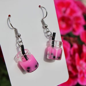 Pink Bubble Tea Earrings, Stainless Steel Hooks, Cute Glass Drink Dangles, Fun Novelty Jewelry, Summer Y2K, Kawaii Gift For Boba Lover