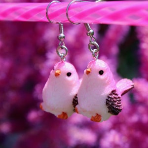 Pink Bird Earrings, Steel Hooks, Kawaii Dangles, Cottagecore Aesthetic, Cute Spring Jewelry, Gift For Animal Lover
