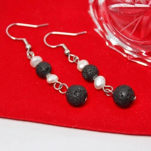 Pearls and Lava Beads Dangle Earrings, Steel Hooks, Cute Dainty Volcano Jewelry, Canary Islands, Pearlcore Aesthetic, Original Gift