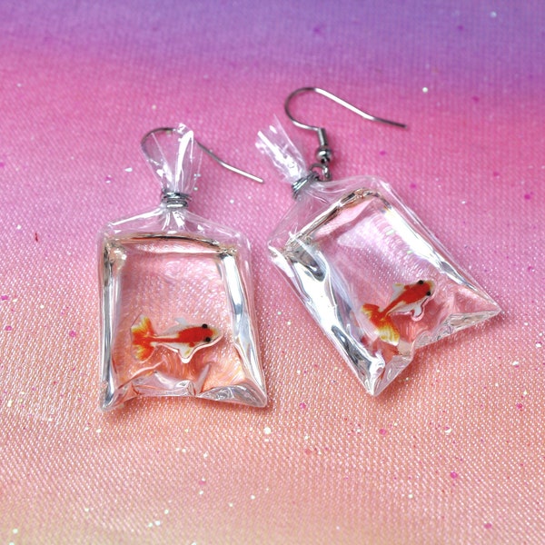 Goldfish in a Bag Earrings, Steel Hooks, Gold Fish, Freshwater Carp, Quirky Aquarist Accessory, Fun Unusual Gift for Pisces