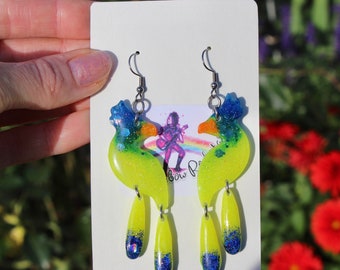 Blue And Yellow Glitter Parrot Earrings, Steel Hooks, Macaw, Ara, Tropical Animal, Statement Bird Jewelry, Unique Nature Lover Gift