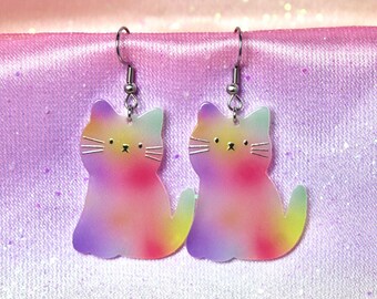 Kawaii Rainbow Cat Dangle Earrings, Acrylic Kitty Silhouette, Steel Hooks, Lightweight Neko Jewelry, Gift For Cat Person