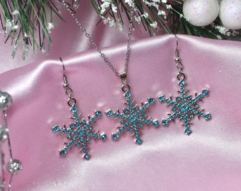 Turquoise Blue Snowflake Earrings, Necklace or Set, Stainless Steel Hooks, Rhinestones, Cute Festive Statement Jewelry, Christmas Gift