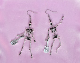 Rockstar Skeleton Earrings, Stainless Steel Hooks, Spooky Movable Dangles, Fun Halloween Jewelry, Edgy Gift For Metalhead, Guitar Lover