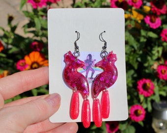 Pink Glitter Parrot Earrings, Steel Hooks, Tropical Bird, Cockatoo, Ara, Parakeet, Macaw, Sparkly Statement Bird Lover Gift
