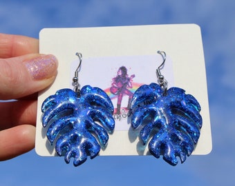 Royal Blue Glitter Monstera Leaf Earrings, Steel Hooks, Sapphire Houseplant, Colorful Tropical Palm, Unique Plant Lover Gift