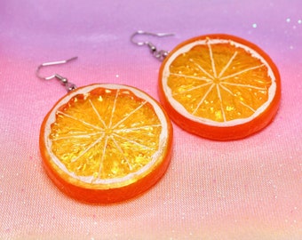 Orangenscheibe Ohrringe, Stahlhaken, große Statement Obst Schmuck, lustiges Sommer Accessoire, Y2K Ästhetik, schrulliges Geschenk