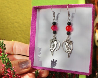 Parrot Earrings, Volcanic Lava and Glass Beads, Steel Hooks, Tropical Bird Dangles, Canary Islands Inspired, Cute Summer Jewelry,
