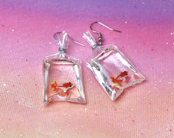 Goldfish in a Bag Earrings, Steel Hooks, Gold Fish, Freshwater Carp, Quirky Aquarist Accessory, Fun Unusual Gift for Pisces