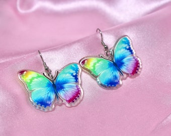 Rainbow Butterfly Dangle Earrings, Colorful Acrylic Insect, Steel Hooks, Statement Jewelry, Fairycore, Fantasy, Fairy Gift