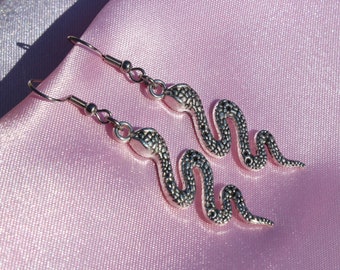 Silver Snake Earrings, Steel Hooks, Dangle Serpent, Reptile, Quirky Gothic Unisex Accessory, Cool Witch Gift