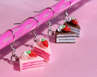 Strawberry Or Chocolate Cake Slice Earrings, Steel Hooks, Fruit Dessert, Kawaii Food Jewelry, Quirky Novelty Gift