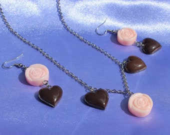 Rose And Heart Chocolate Praline Necklace And Earrings Set, Stainless Steel Hooks And Chain, Resin Bonbons, Funny Food Jewelry, Cute Gift