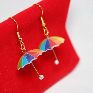 Rainbow Umbrella Earrings, Stainless Steel Hooks, Queer Pride Accessory, LGBTQ Cute Gift