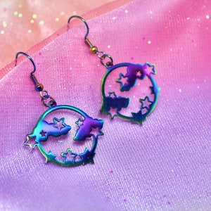 Rainbow Planet with Stars and Clouds Earrings, Iridescent Stainless Steel Silhouette, Lightweight Celestial Jewelry, Cute Rainbowcore Gift