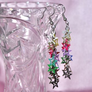 Rainbow 80s Disco Star Chain Earrings, Steel Hooks, Filigree Dainty Stars, Colorful Festival Jewelry, Retro Dance Party, Fun Gift image 8