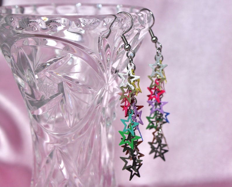 Rainbow 80s Disco Star Chain Earrings, Steel Hooks, Filigree Dainty Stars, Colorful Festival Jewelry, Retro Dance Party, Fun Gift image 8