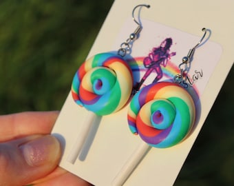 Rainbow Lollipop Earrings, Steel Hooks, Candy, Sweet Lolita Accessory, Queer Pride Jewelry, LGBTQ Cute Gift