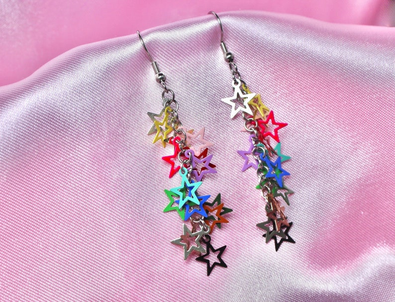 Rainbow 80s Disco Star Chain Earrings, Steel Hooks, Filigree Dainty Stars, Colorful Festival Jewelry, Retro Dance Party, Fun Gift image 1