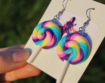 Colorful Swirl Lollipop Earrings, Steel Hooks, Funny Clay Candy, Kawaii Accessory, Quirky Novelty Jewelry, Cute Gift