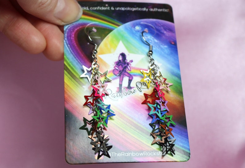 Rainbow 80s Disco Star Chain Earrings, Steel Hooks, Filigree Dainty Stars, Colorful Festival Jewelry, Retro Dance Party, Fun Gift image 5