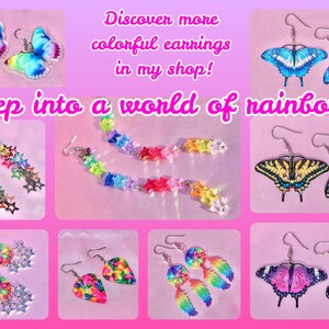May include: Assortment of colourful butterfly and star-shaped earrings. The earrings are displayed on a pink background with the text "Discover more colourful earrings in my shop! Step into a world of rainbows".