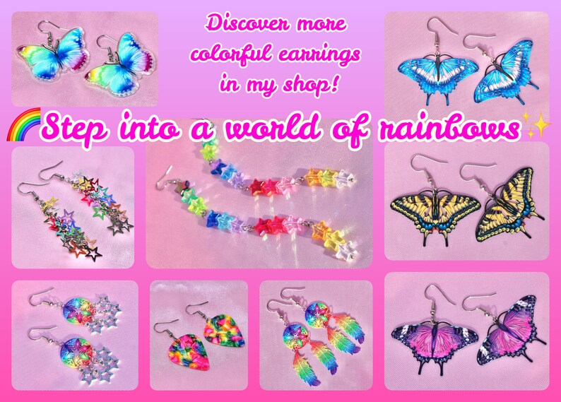 May include: Assortment of colourful butterfly and star-shaped earrings. The earrings are displayed on a pink background with the text "Discover more colourful earrings in my shop! Step into a world of rainbows".