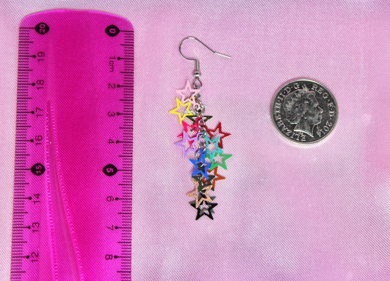 Rainbow 80s Disco Star Chain Earrings, Steel Hooks, Filigree Dainty Stars, Colorful Festival Jewelry, Retro Dance Party, Fun Gift image 7