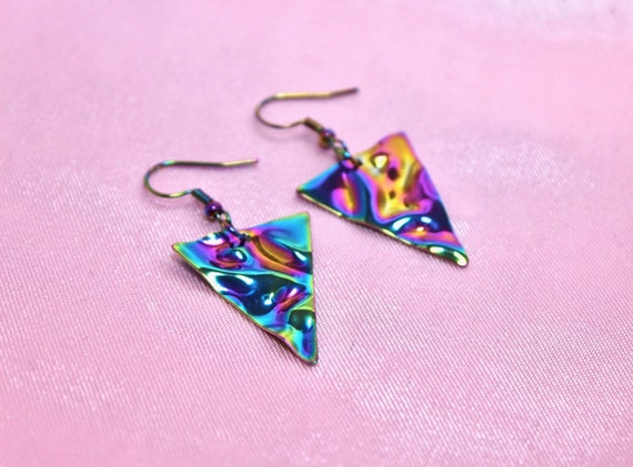 Rainbow Triangle Earrings, Crumpled Iridescent Stainless Steel, Edgy Geometric Jewelry, Cyberpunk Aesthetic, Modern Minimalist Gift