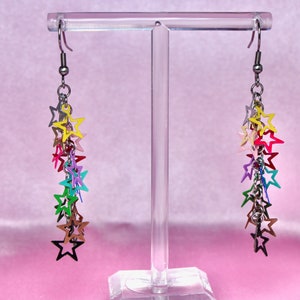 Rainbow 80s Disco Star Chain Earrings, Steel Hooks, Filigree Dainty Stars, Colorful Festival Jewelry, Retro Dance Party, Fun Gift image 6