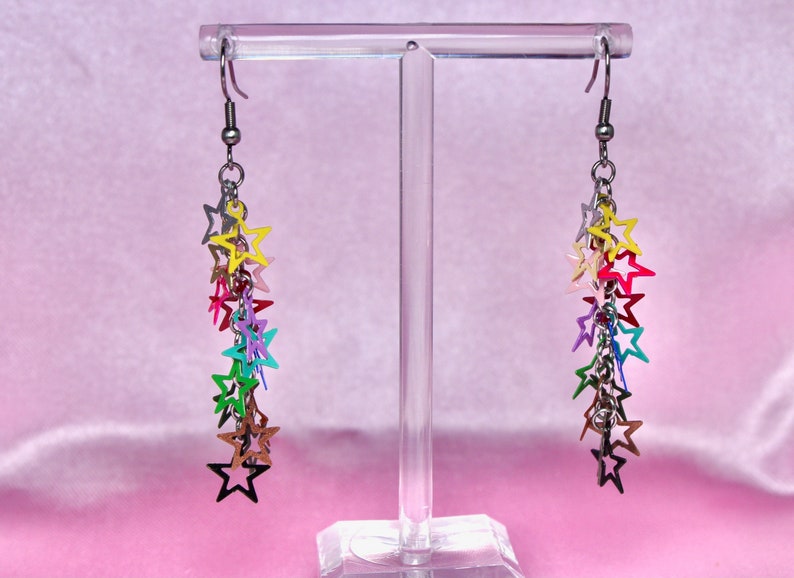 Rainbow 80s Disco Star Chain Earrings, Steel Hooks, Filigree Dainty Stars, Colorful Festival Jewelry, Retro Dance Party, Fun Gift image 6