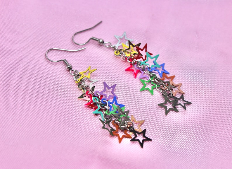 Rainbow 80s Disco Star Chain Earrings, Steel Hooks, Filigree Dainty Stars, Colorful Festival Jewelry, Retro Dance Party, Fun Gift image 2