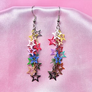 Rainbow 80s Disco Star Chain Earrings, Steel Hooks, Filigree Dainty Stars, Colorful Festival Jewelry, Retro Dance Party, Fun Gift image 3