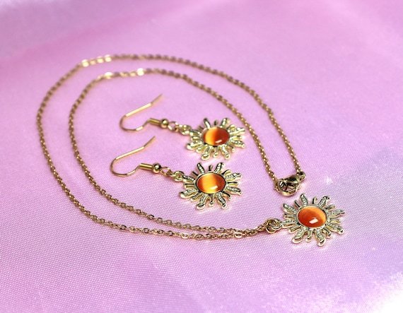 Orange Golden Sun Earrings, Necklace or Set, Stainless Steel Chain and Hooks, Bohemian Jewelry with Shiny Rhinestones, Summer Style Gift