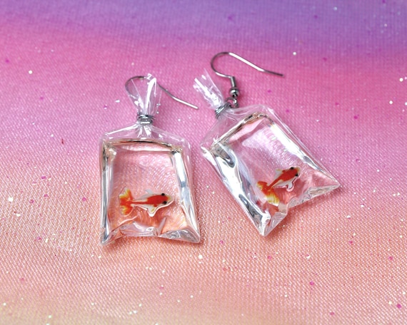 Goldfish in a Bag Earrings Steel Hooks Gold Fish Freshwater Carp Quirky Aquarist Accessory Fun Unusual Gift for Pisces Etsy Canada