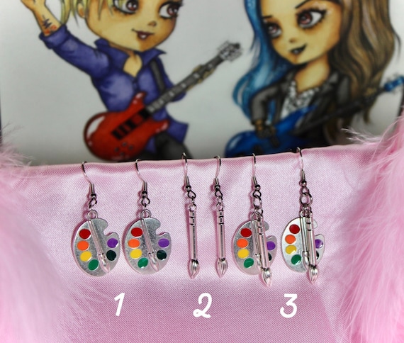 Artist Palette and Paint Brush Earrings, Stainless Steel Hooks, Acrylic, Oil Colors, Creative Gift For Painter, Teacher, Artsy Friend
